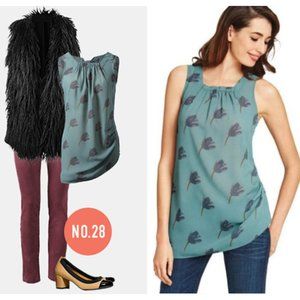 CAbi Floral Sleeveless Asymmetrical Gathered Square Neck Bow Blouse Small